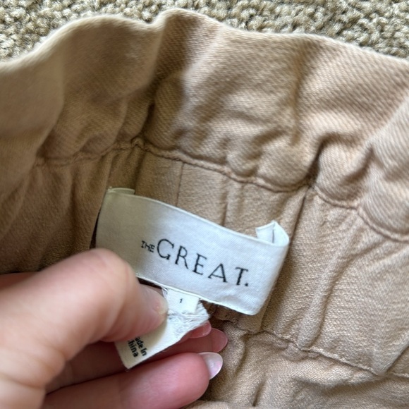 The Great. The Midland Frayed Paperbag Drawstring High Waist Shorts in Sand/Tan - Picture 7 of 12